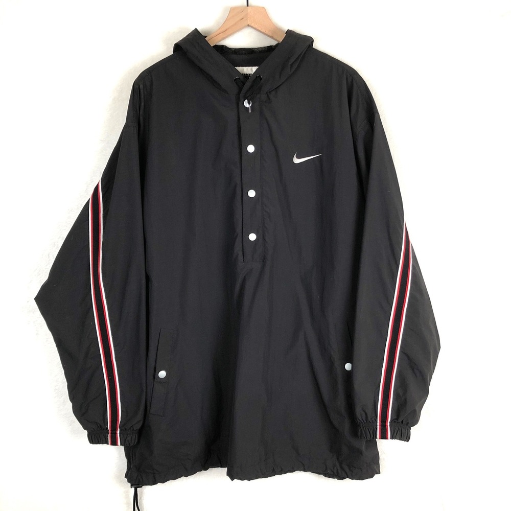 VTG 90s NIKE Hooded Pullover Anorak Jacket Men's XL‎ Black w Red & White Stripe